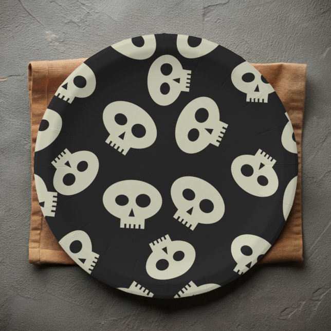 Cute Skull Pattern Black Paper Plates (Perfect paper plate for your Halloween parties!)
