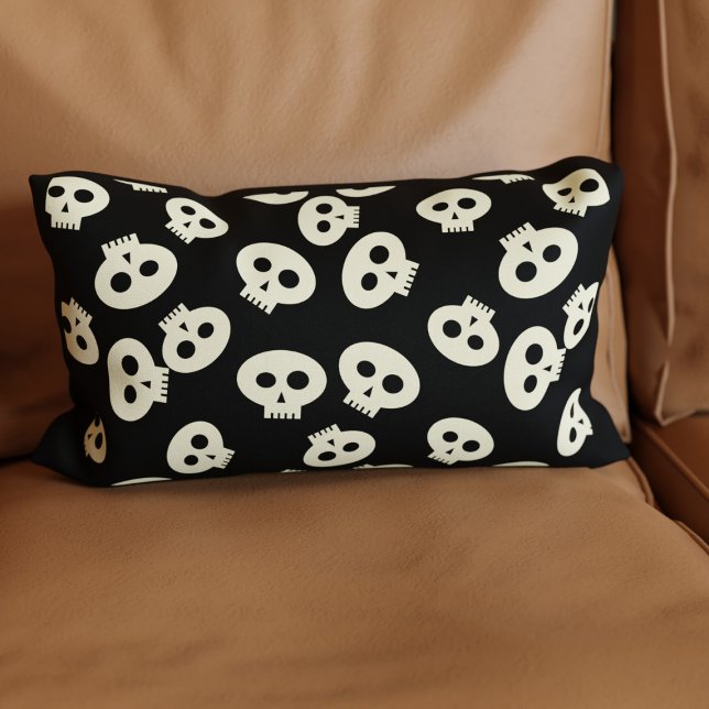 Cute Skull Pattern on Black Lumbar Pillow (A cute skull pattern lumbar pillow perfect for your Halloween home decor)