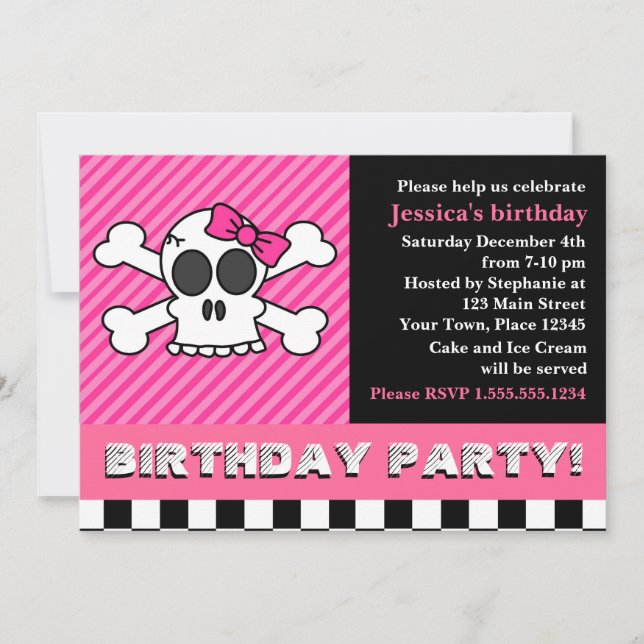 Cute Skull w/ Bow Birthday Party - Pink Invitation (Front)