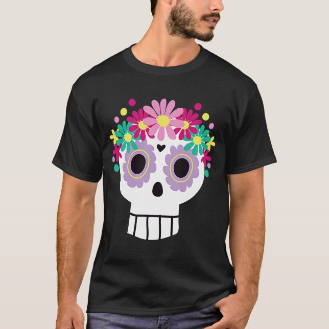 Cute Skull With Flowers Mexico Holiday Day of The  T-Shirt (Front)