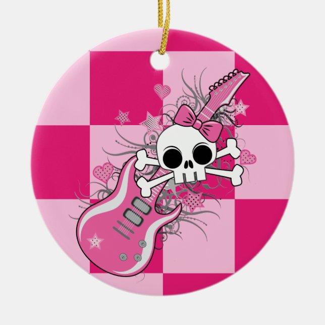 Cute Skull with Pink Guitar Ceramic Tree Decoration (Front)