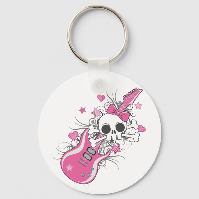 Cute Skull with Pink Guitar Key Ring (Front)