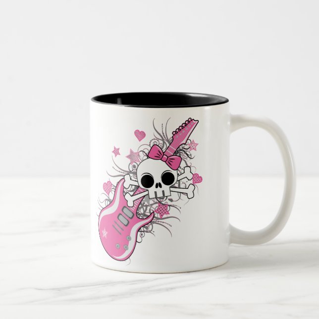 Cute Skull with Pink Guitar Two-Tone Coffee Mug (Right)