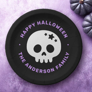 Cute skull with stars black purple Happy Halloween Paper Plate