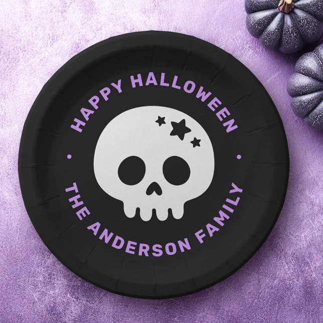 Cute skull with stars black purple Happy Halloween Paper Plate (Cute skull with stars black purple Happy Halloween Paper Plates)