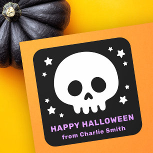 Cute skull with stars black purple Happy Halloween Square Sticker