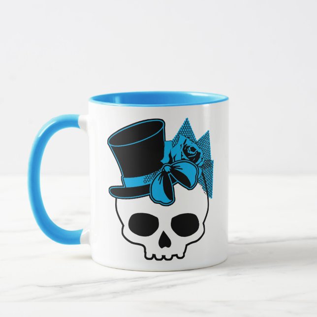 Cute Skull With Top Hat Rose Blue Bow  Mug (Left)