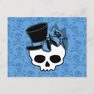 Cute Skull With Top Hat Rose Blue Bow Postcard
