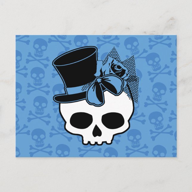 Cute Skull With Top Hat Rose Blue Bow Postcard (Front)