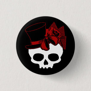 Cute Skull With Top Hat Rose Red Bow Button