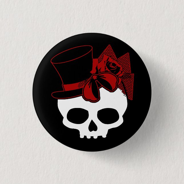 Cute Skull With Top Hat Rose Red Bow Button (Front)