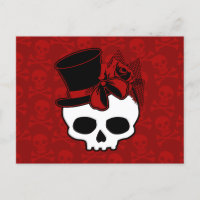 Cute Skull With Top Hat Rose Red Bow