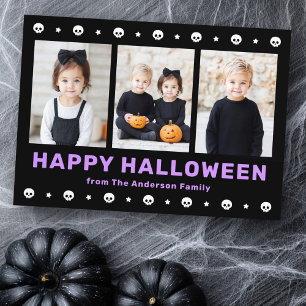 Cute skulls and stars black purple Halloween photo Holiday Card