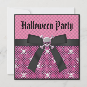 Cute Skulls Pink & Black Halloween Party Invitation