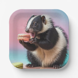 Cute Skunk Eating Colourful Macaroons Paper Plate