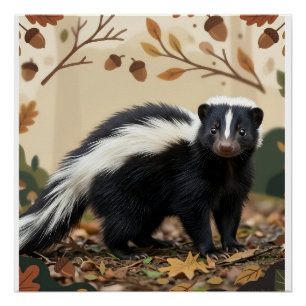 Cute Skunk In Autumn Leaves Nature Fleece Blanket Poster