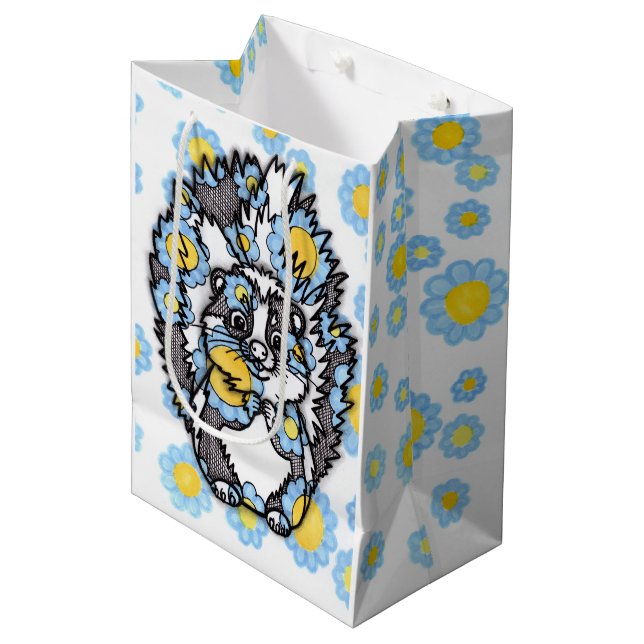 Cute Skunk with Blue Flowers Medium Gift Bag (Front Angled)