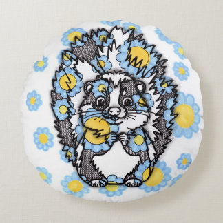 Cute Skunk with Blue Flowers Round Pillow