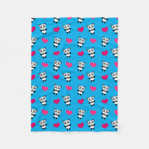 Cute sky blue panda hearts pattern fleece blanket