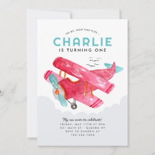 Cute Sky Cloud Watercolor Red Aeroplane Birthday Invitation