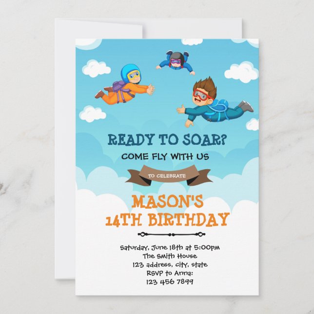 Cute skydiving fly birthday party invitation (Front)