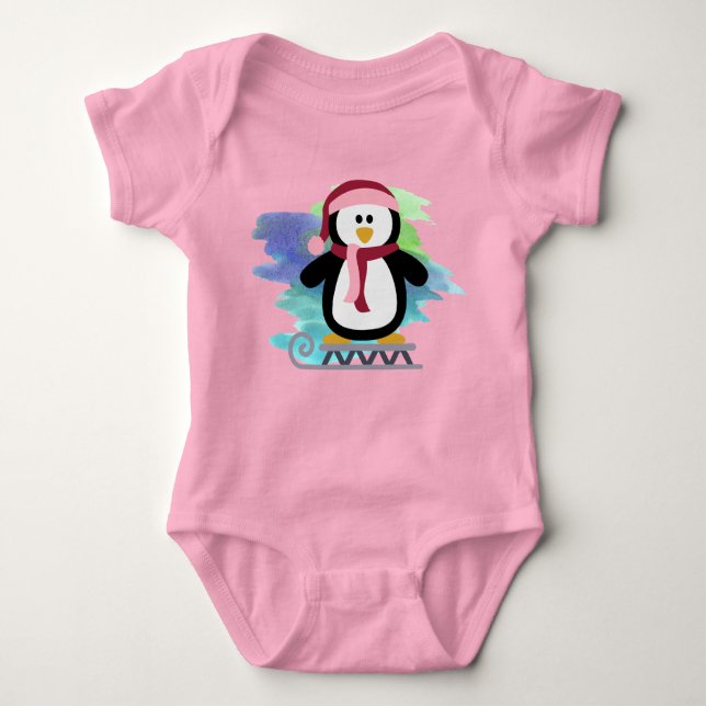 Cute Sled Penguin Abstract Baby Bodysuit (Front)