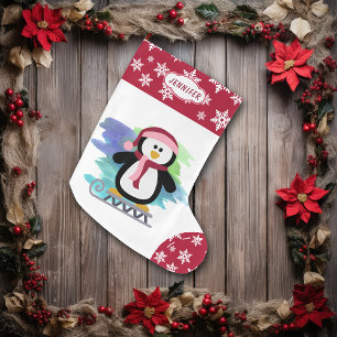 Cute Sled Penguin Pink Large Christmas Stocking