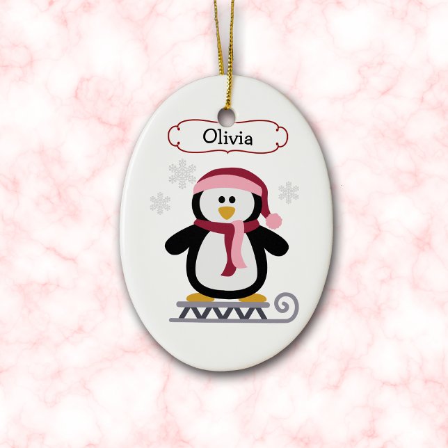 Cute Sledding Penguin Personalised Christmas Ceramic Tree Decoration (Creator Uploaded)