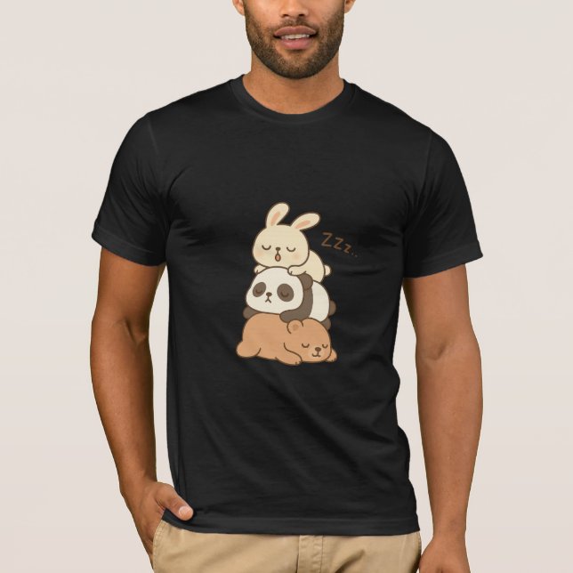 Cute Sleeping Animal Stack – Bunny, Panda, and Bea T-Shirt (Front)