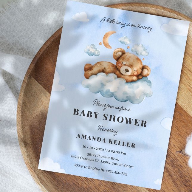 Cute Sleeping Baby Bear Blue Cloud Baby Shower Invitation (Creator Uploaded)