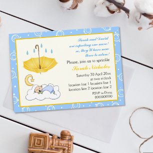 Cute sleeping baby boy sprinkle blue and yellow invitation