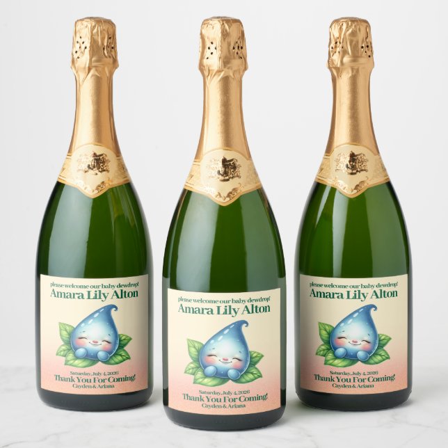 Cute Sleeping Baby Dewdrop Baby Shower Sparkling Wine Label (Bottles)