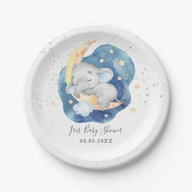 Cute Sleeping Baby Elephant Moon Star Boy Shower Paper Plate (Front)