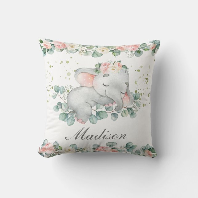 Cute Sleeping Baby Elephant Pink Floral Greenery Cushion (Front)