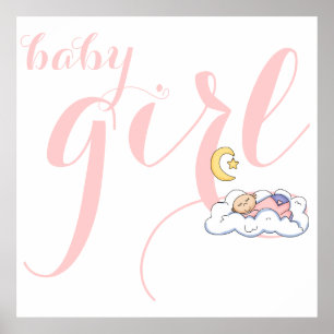 Cute sleeping baby girl typography pink nursery poster