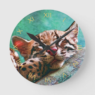 Cute Sleeping Baby Ocelot Kitten Round Clock