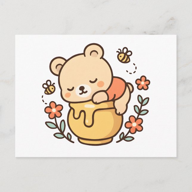 Cute Sleeping Bear Honey Pot Kawaii Design Holiday Postcard (Front)