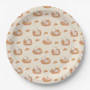 Cute Sleeping Bear in Croissant Beds Paper Plate