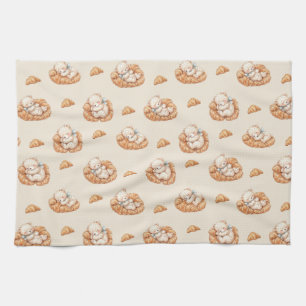 Cute Sleeping Bear in Croissant Beds Tea Towel