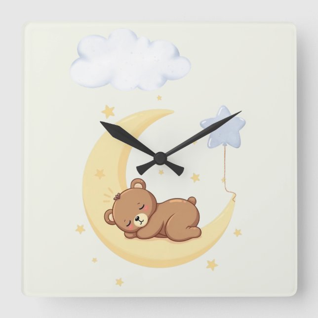 Cute  Sleeping Bear Nursery Wall Clock (Front)