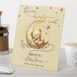 Cute Sleeping Bear On Moon Baby Shower Welcome Pedestal Sign