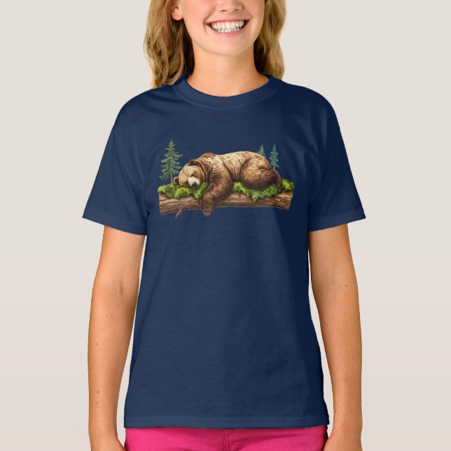 Cute Sleeping Bear Woodland Animal Girls' Graphic T-Shirt (Front)