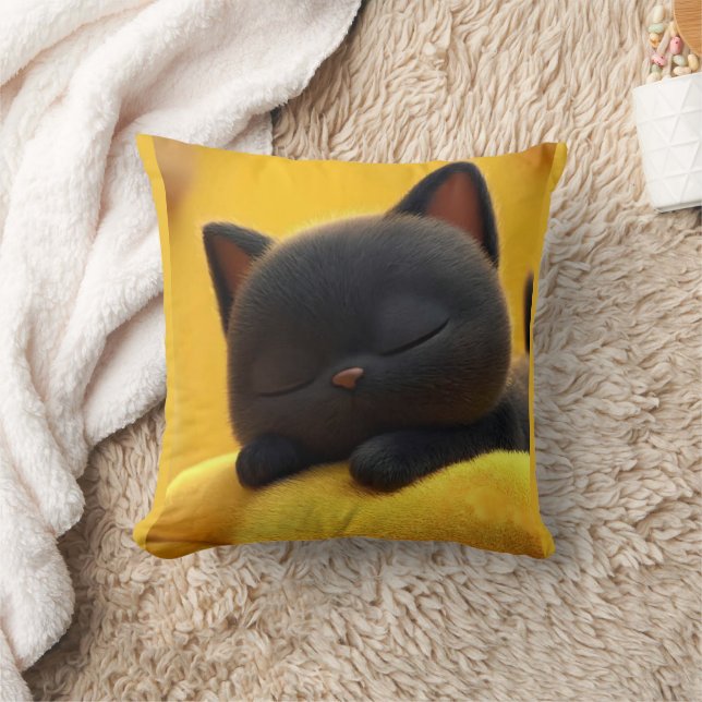 Cute Sleeping Black Cat Pillow Cosy Pet Lover Gift (Blanket)
