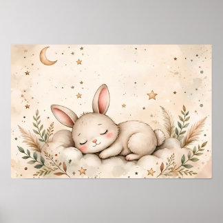 Cute Sleeping Bunny on Cloud Wall Art - Boho Moon