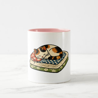 Cute Sleeping Calico Cat on Traditional Japanese C Two-Tone Coffee Mug