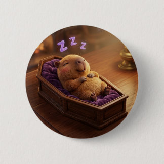 Cute Sleeping Capybara Coffin Halloween Button Pin