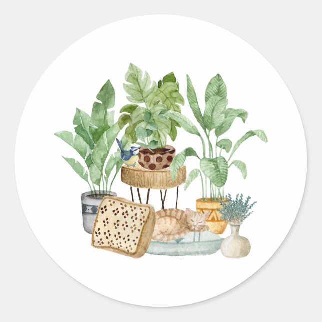 Cute Sleeping Cat and House Plants  Classic Round Sticker (Front)