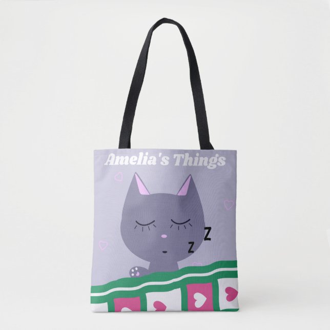 Cute Sleeping Cat in Bed Personalised Tote Bag (Front)