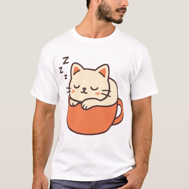 Cute Sleeping Cat in Coffee Cup T-Shirt (Front)