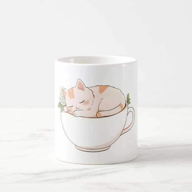 Cute Sleeping Cat in Teacup Kawaii Design Coffee Mug (Center)